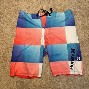 Hurley Plaid Board Shorts Swim Trunks Swimsuit Boys Size 16 Pink Blue